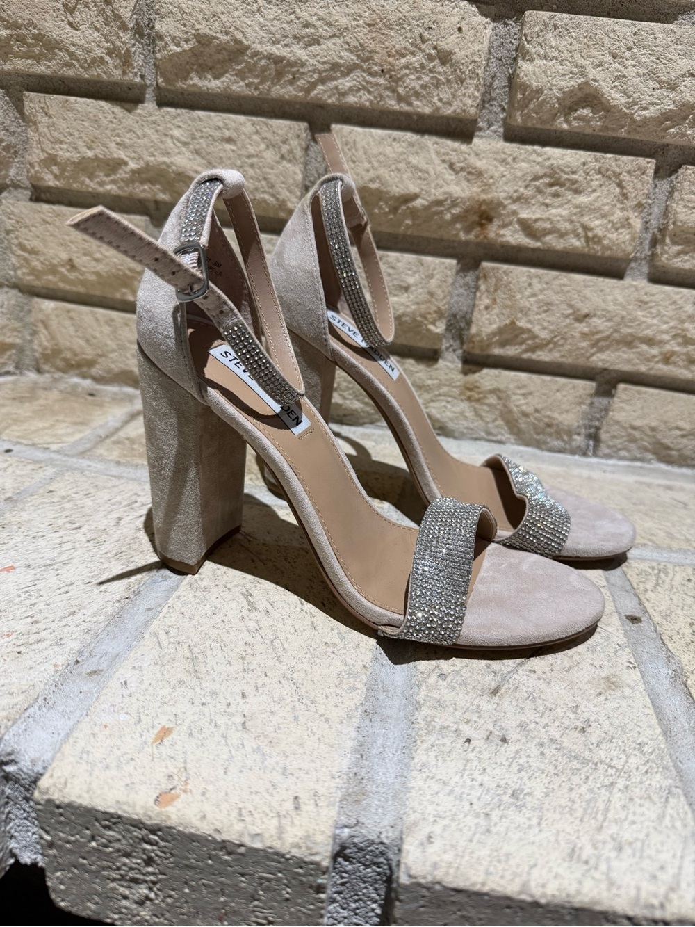 Steve Madden Cream Nude Suede Rhinestone Strap Block Heels